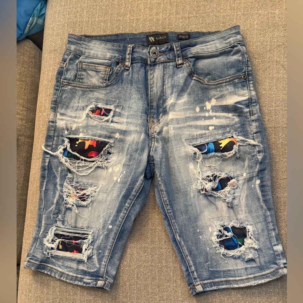 Distressed Denim Shorts with Colorful Accents
